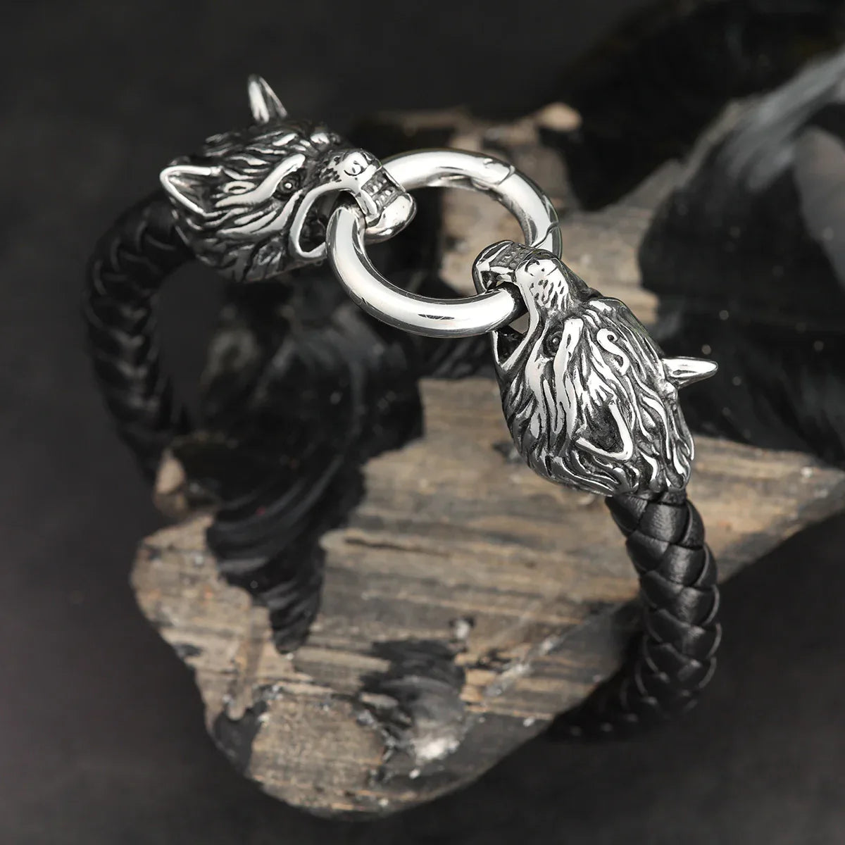 Wolf Leder Edelstahl Armband Armschmuck geflochten