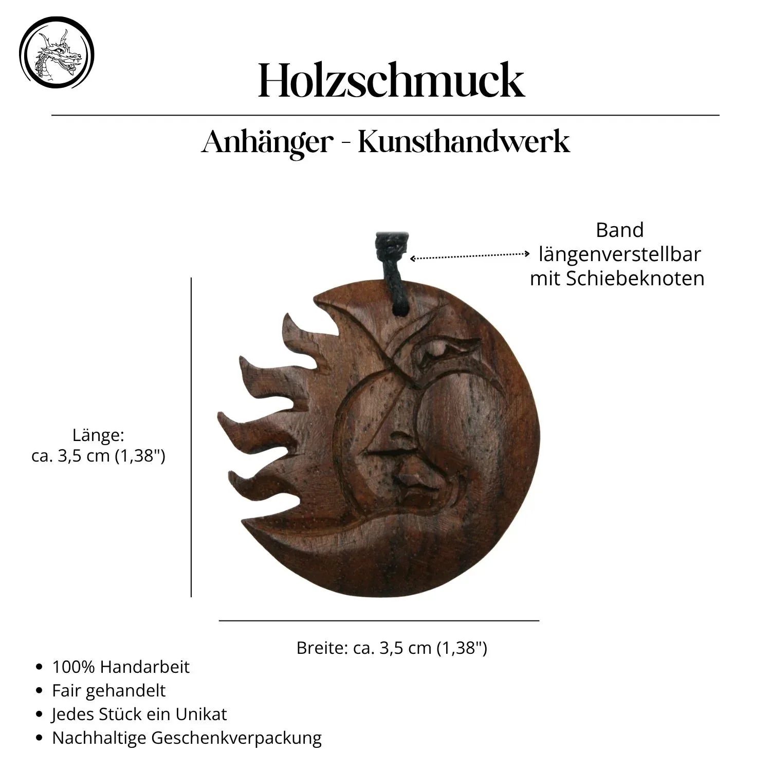 Sonne Mond Halskette Holz fair gehandelt Schmuck Anhänger Kette Handarbeit