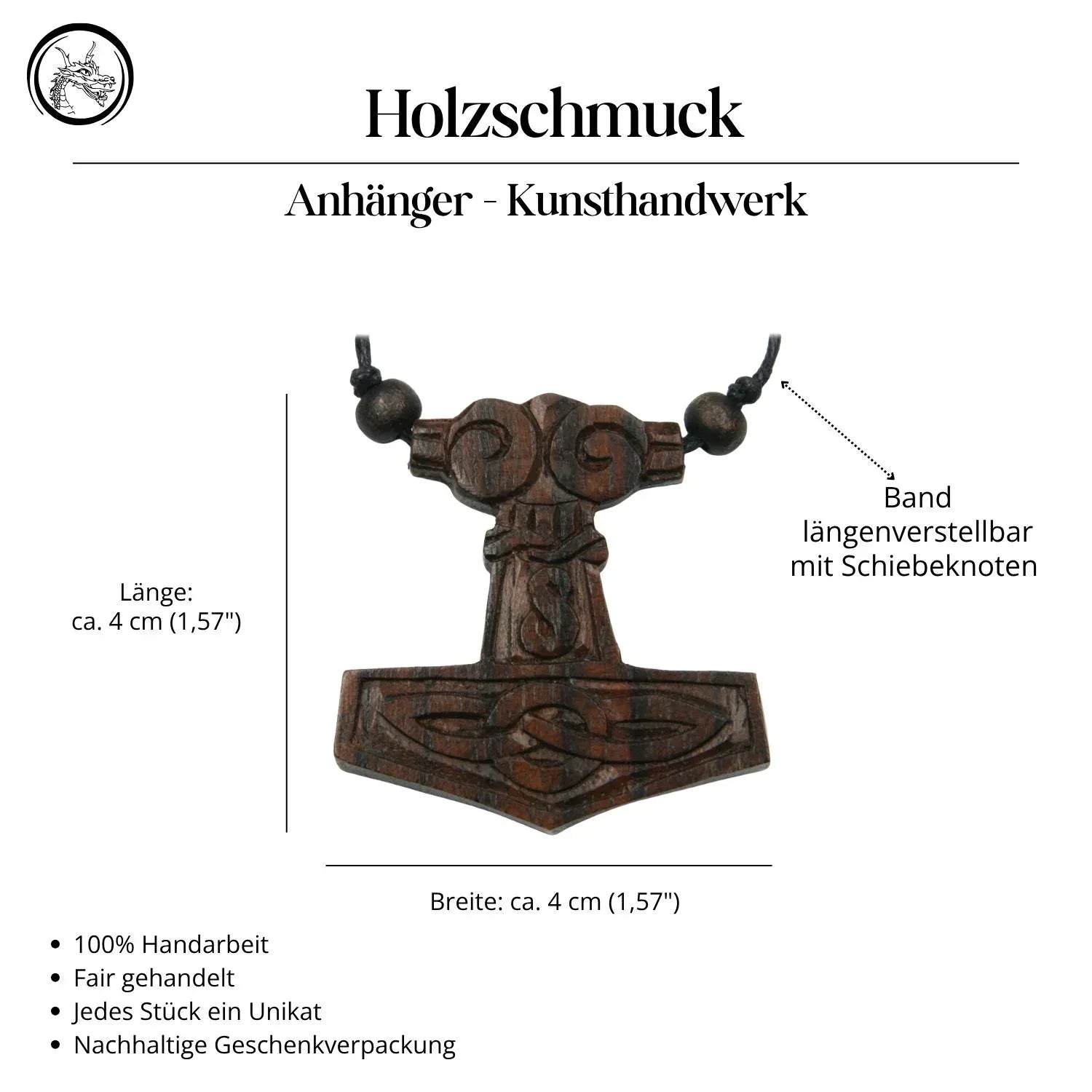 Thors Hammer Holz Kette Handarbeit fair gehandelt Halskette Schmuck