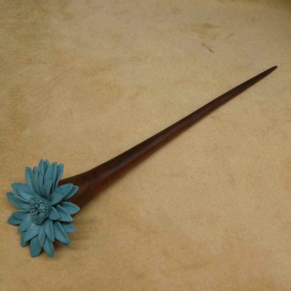 Wooden hair stick with blue flower, hair accessory for updo hairstyles