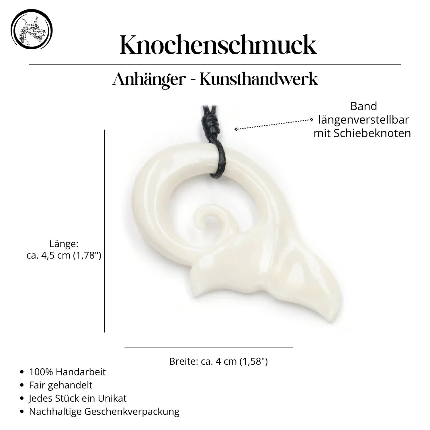 Walfluke Knochen Anhänger Halskette Handarbeit Kette Kunsthandwerk