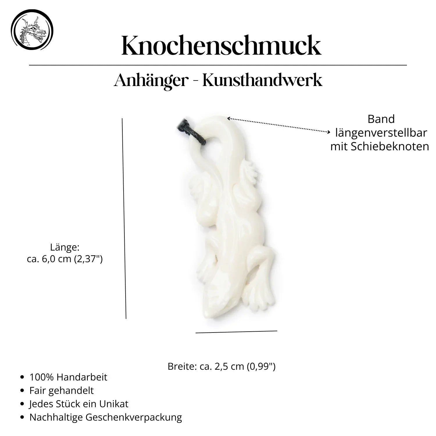 Gecko Knochen Anhänger Halskette Handarbeit Kette Kunsthandwerk