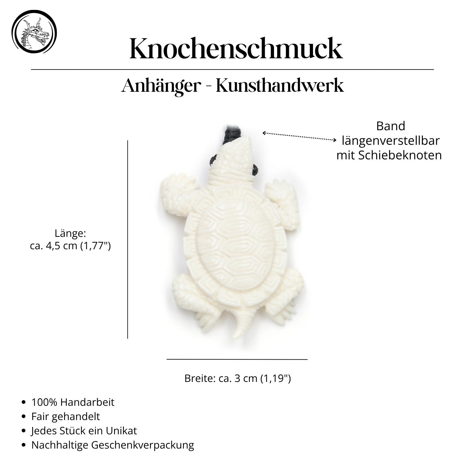 Schildkröte Knochen Anhänger Halskette Handarbeit Kette Kunsthandwerk