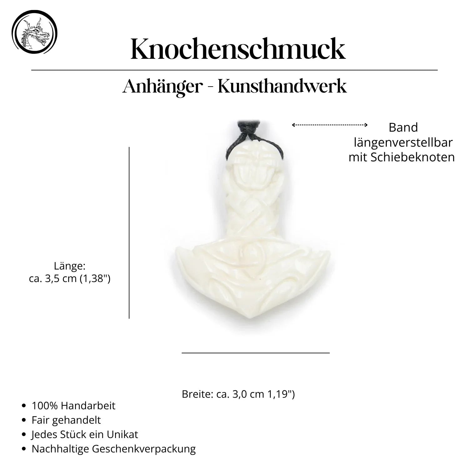 Knochen Halskette Thors Hammer Anhänger Handarbeit geschnitzt