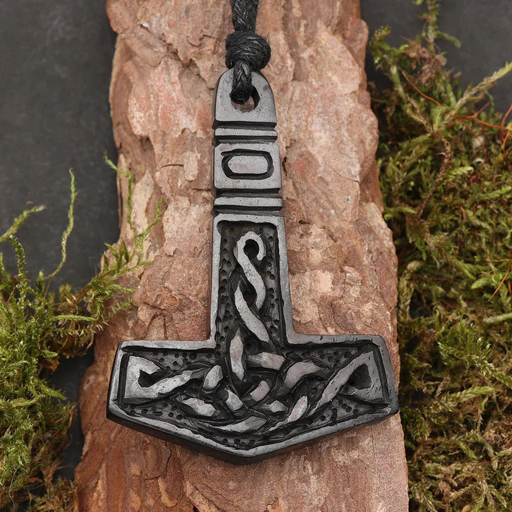 Thorshammer Anhänger Hornschmuck Halskette schwarz Wikinger