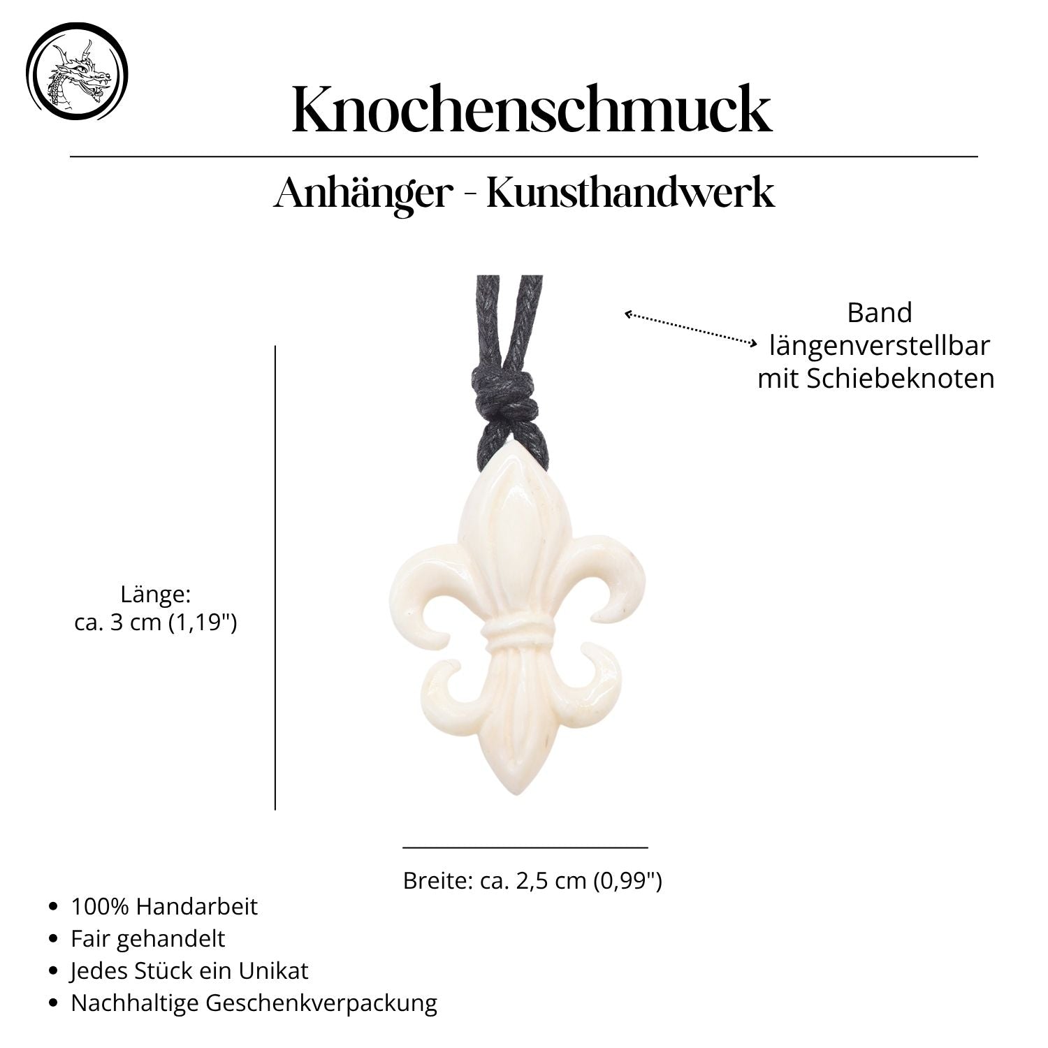 Schmuck Anhänger Fleur des Lys Handarbeit Kette geschnitzt