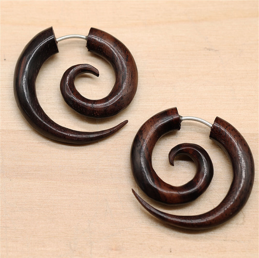 Spiral Wooden Fake Piercing Earrings