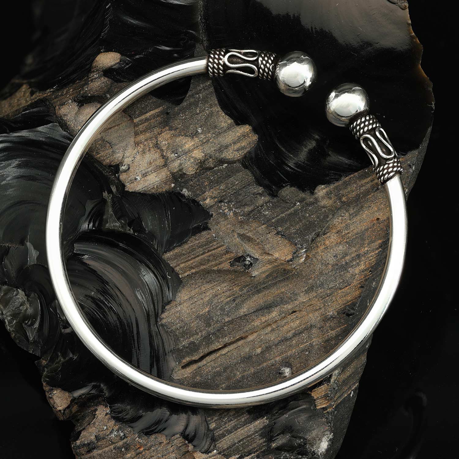 Ornate Bali beaded bangle, 925 sterling silver, simple