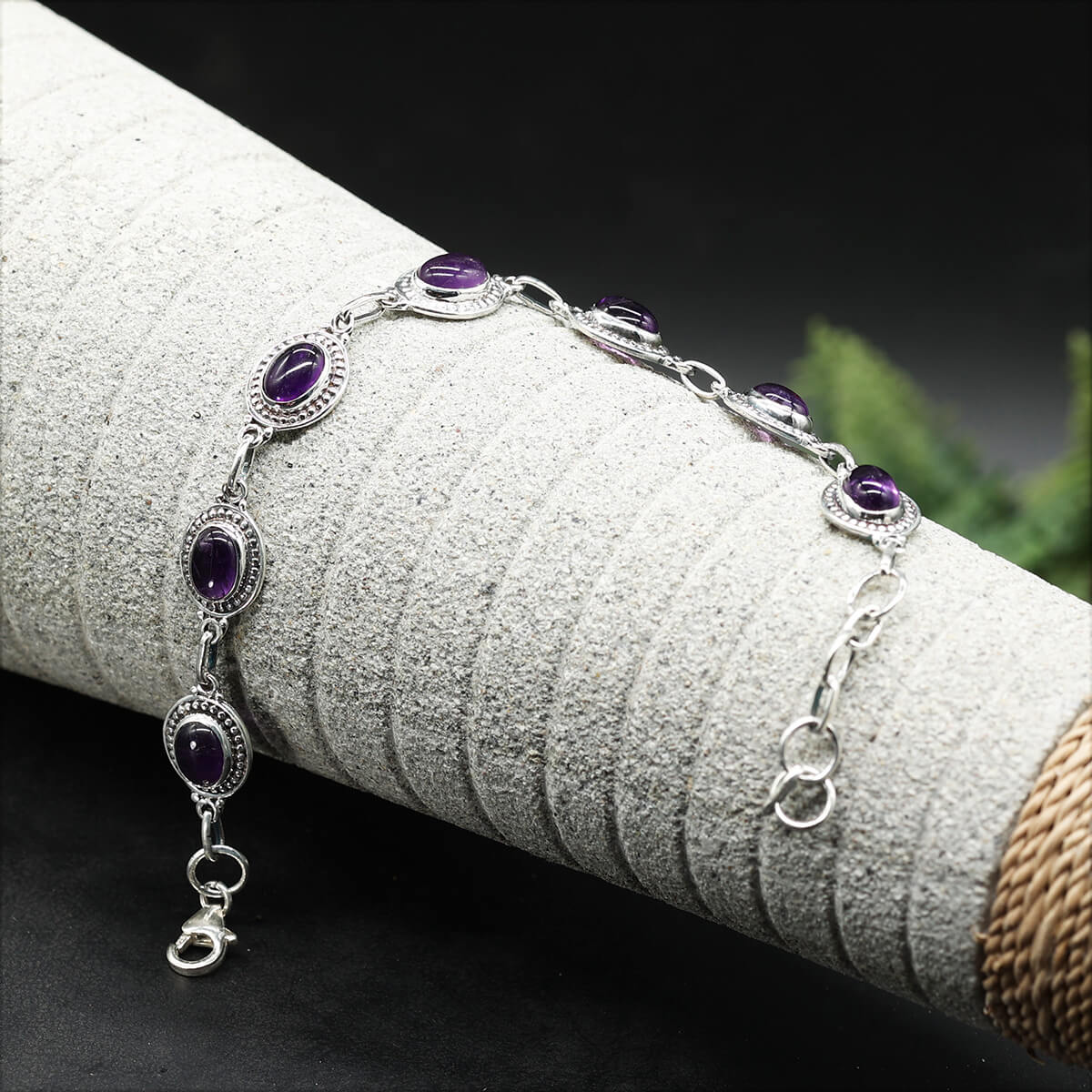 Amethyst gemstone bracelet, oval cabochon, elegant women's arm jewelry, 925 silver