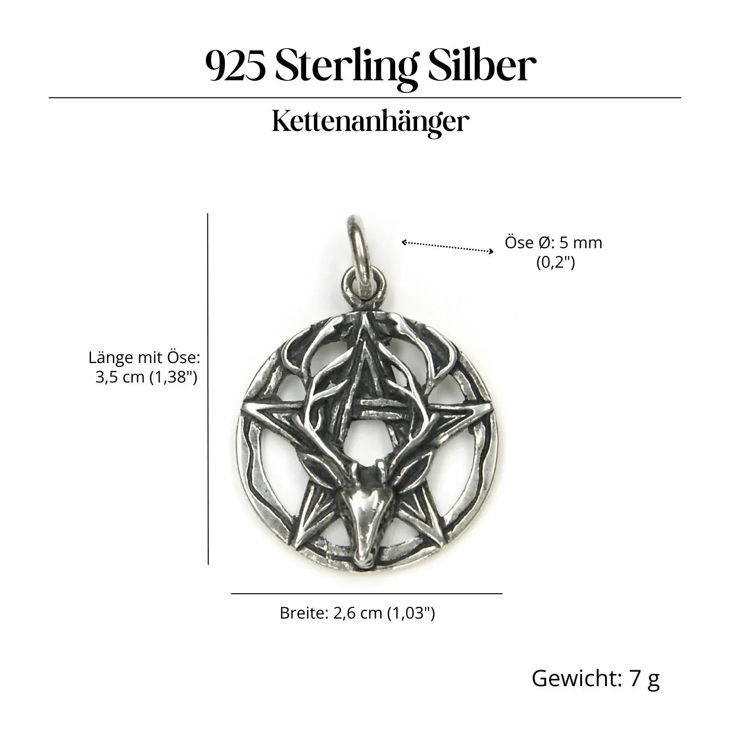 Pentagram with stag's head, 925 silver jewelry pendant