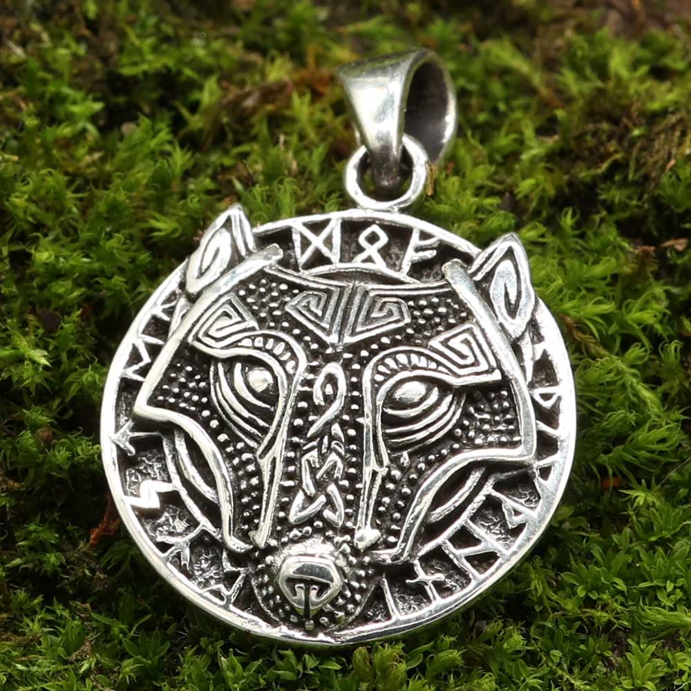 Fnris Wolf Anhänger Runen Silber Wikinger Kettenanhänger Sterlingsilber
