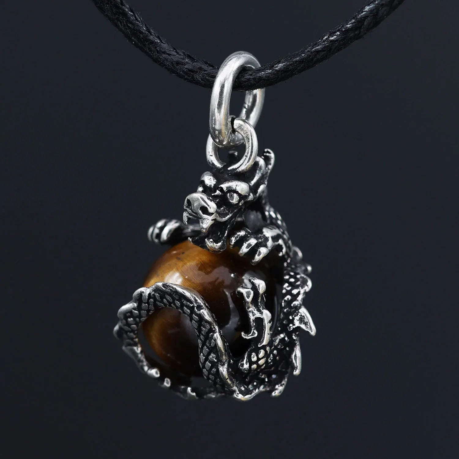 Drachen Anhänger Silber mit Tigerauge Ball