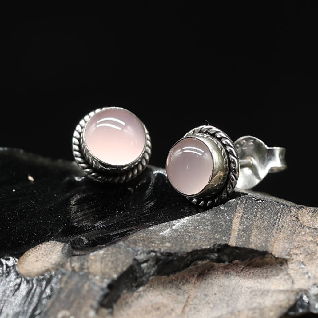 Rose quartz stud earrings, Ø 7mm, 925 sterling silver, women's earrings (pair)