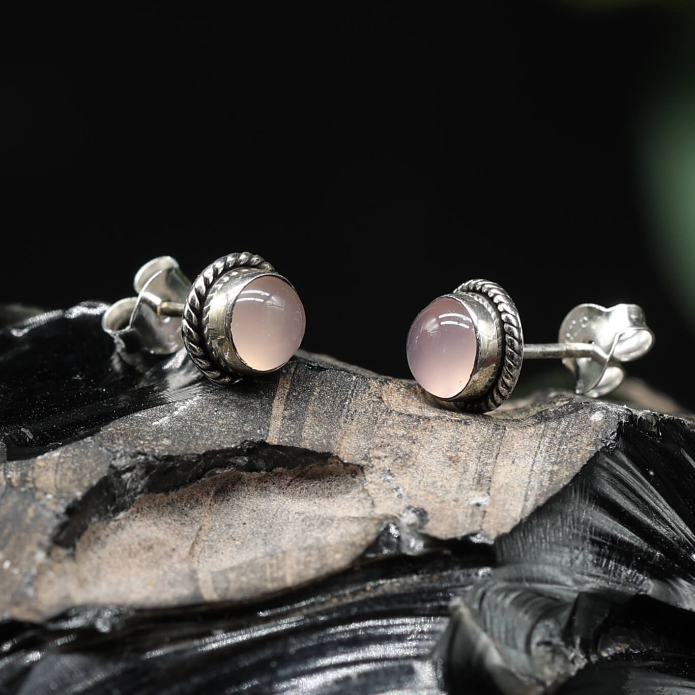 Rose quartz stud earrings, Ø 7mm, 925 sterling silver, women's earrings (pair)
