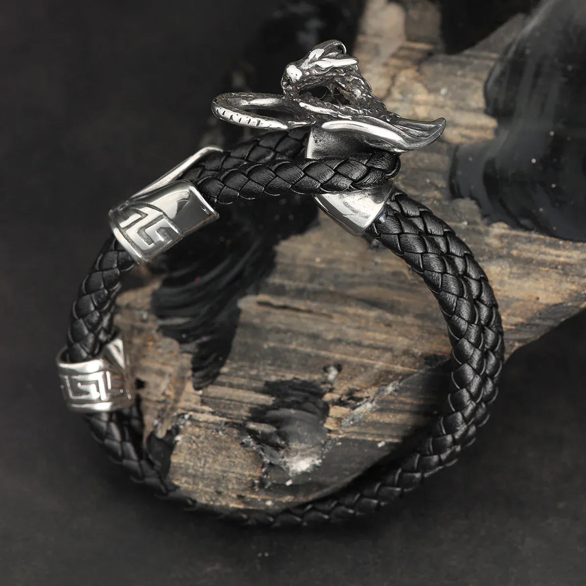 Drache Leder Edelstahl Armband Armschmuck geflochten
