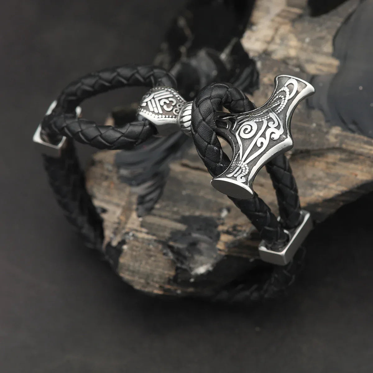 Thorshammer Leder Edelstahl Armband Armschmuck geflochten