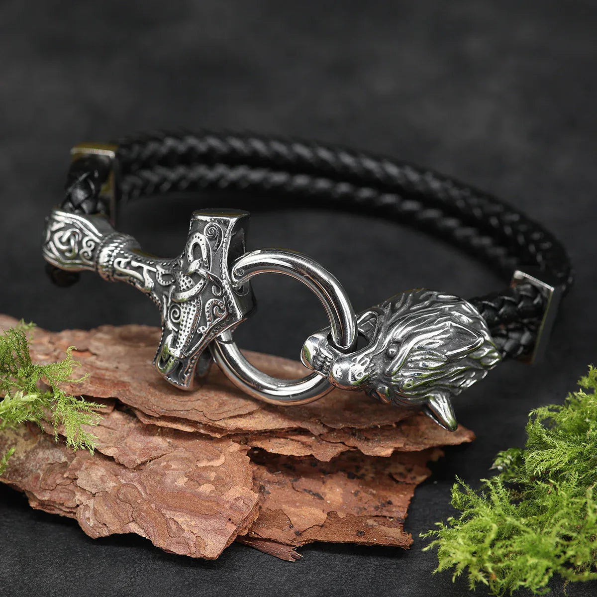 Thor Hammer Wolf Leder Armband Edelstahl Armschmuck 