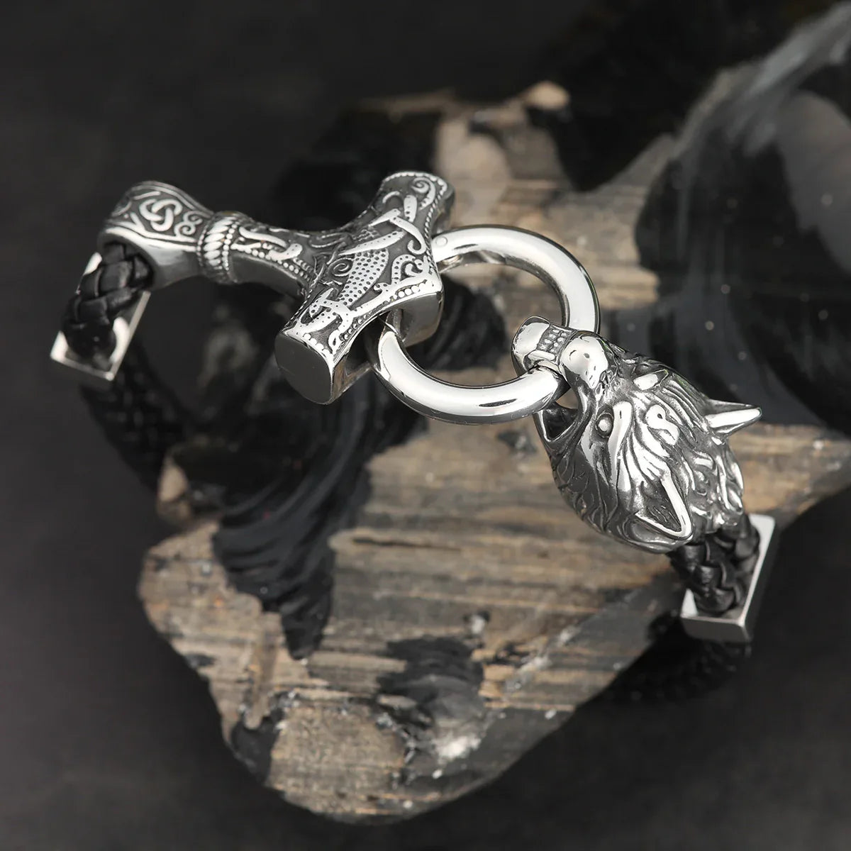 Thorshammer Wolf Leder Edelstahl Armband Armschmuck geflochten