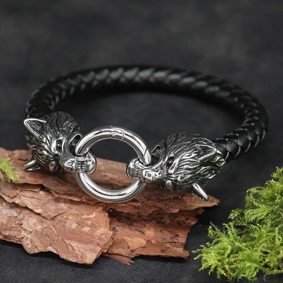 Wolf Leder Armband Edelstahl Armschmuck 