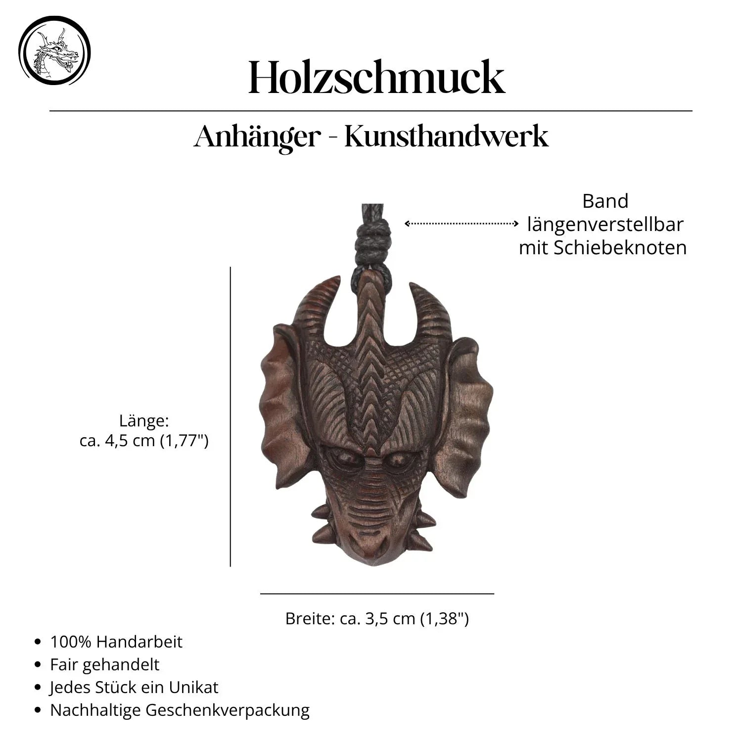 Drache Halskette Holz fair gehandelt Schmuck Anhänger Kette Handarbeit
