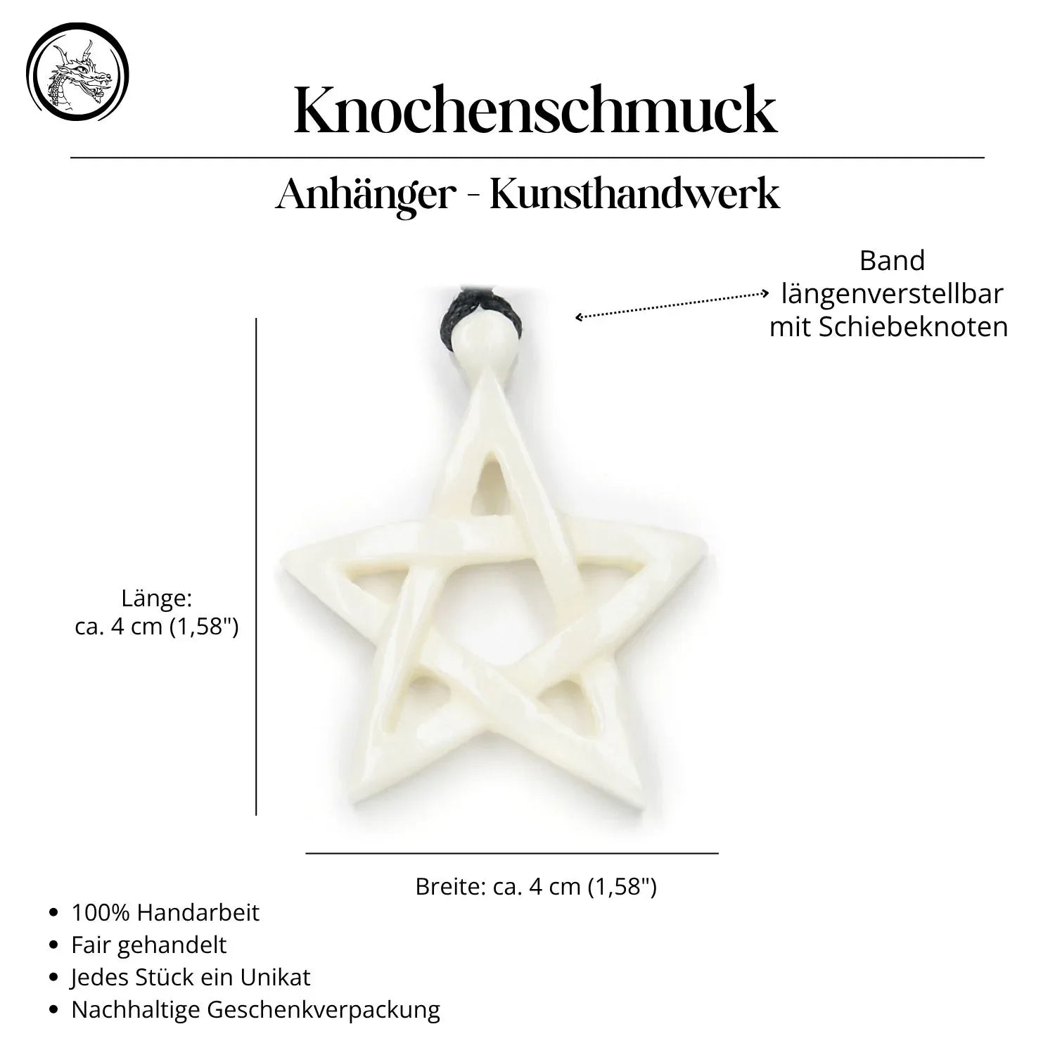 Pentagramm Knochen Anhänger Halskette Handarbeit Kette Kunsthandwerk