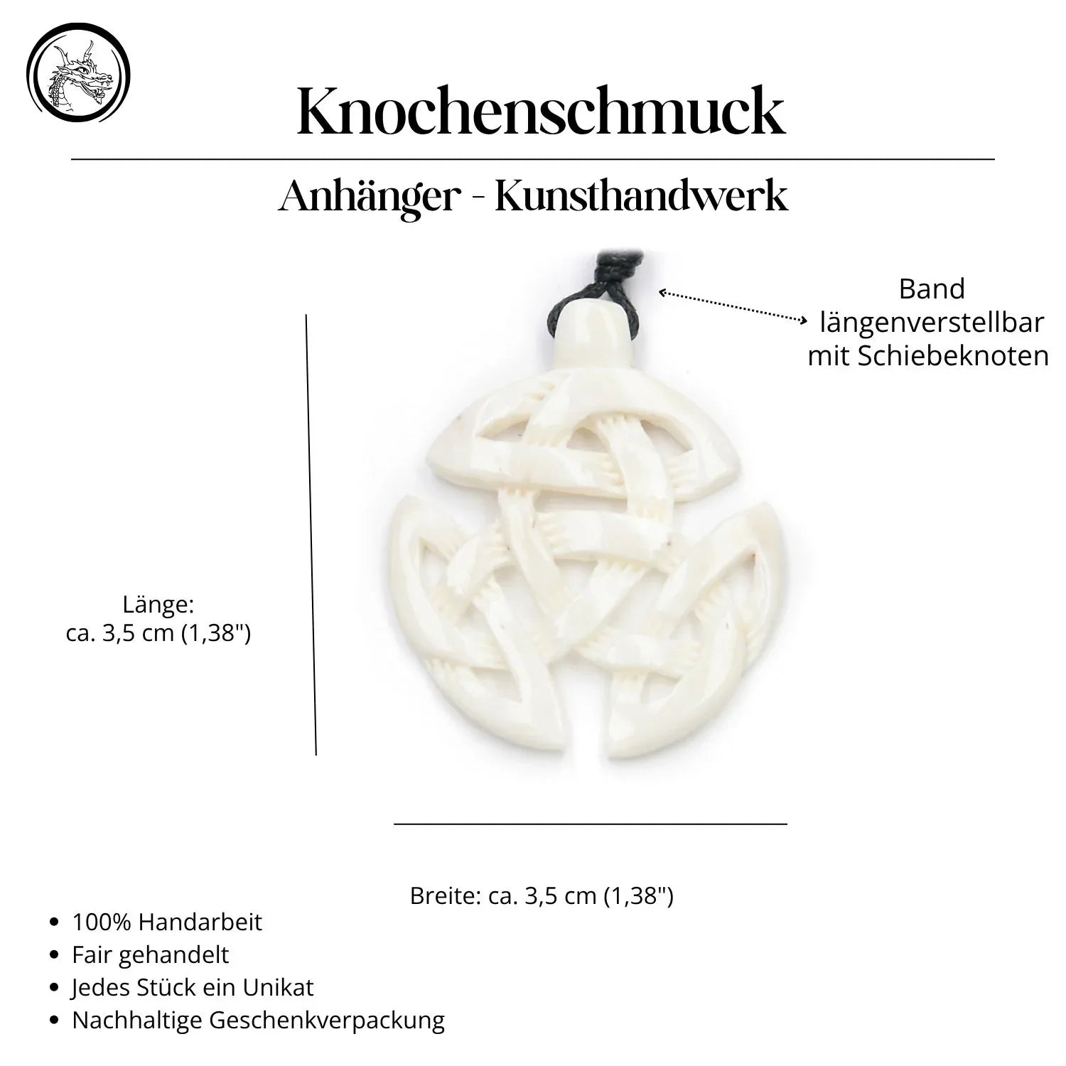 Offene Dreifalt Knochen Anhänger Halskette Handarbeit Kette Kunsthandwerk