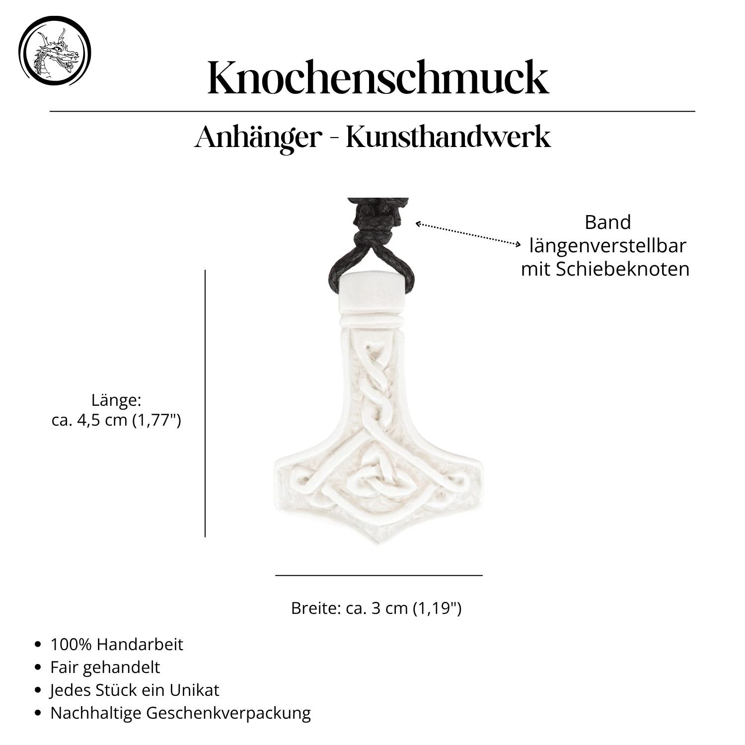 Knochen Thorhammer Halskette Anhänger Handarbeit geschnitzt