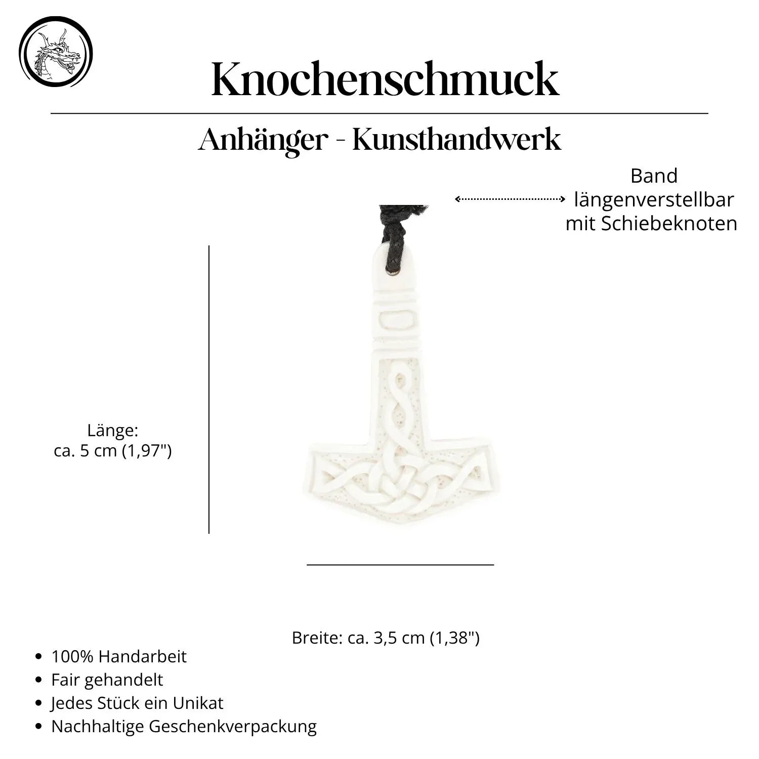 Thor Hammer Knochen Halskette Anhänger Handarbeit geschnitzt