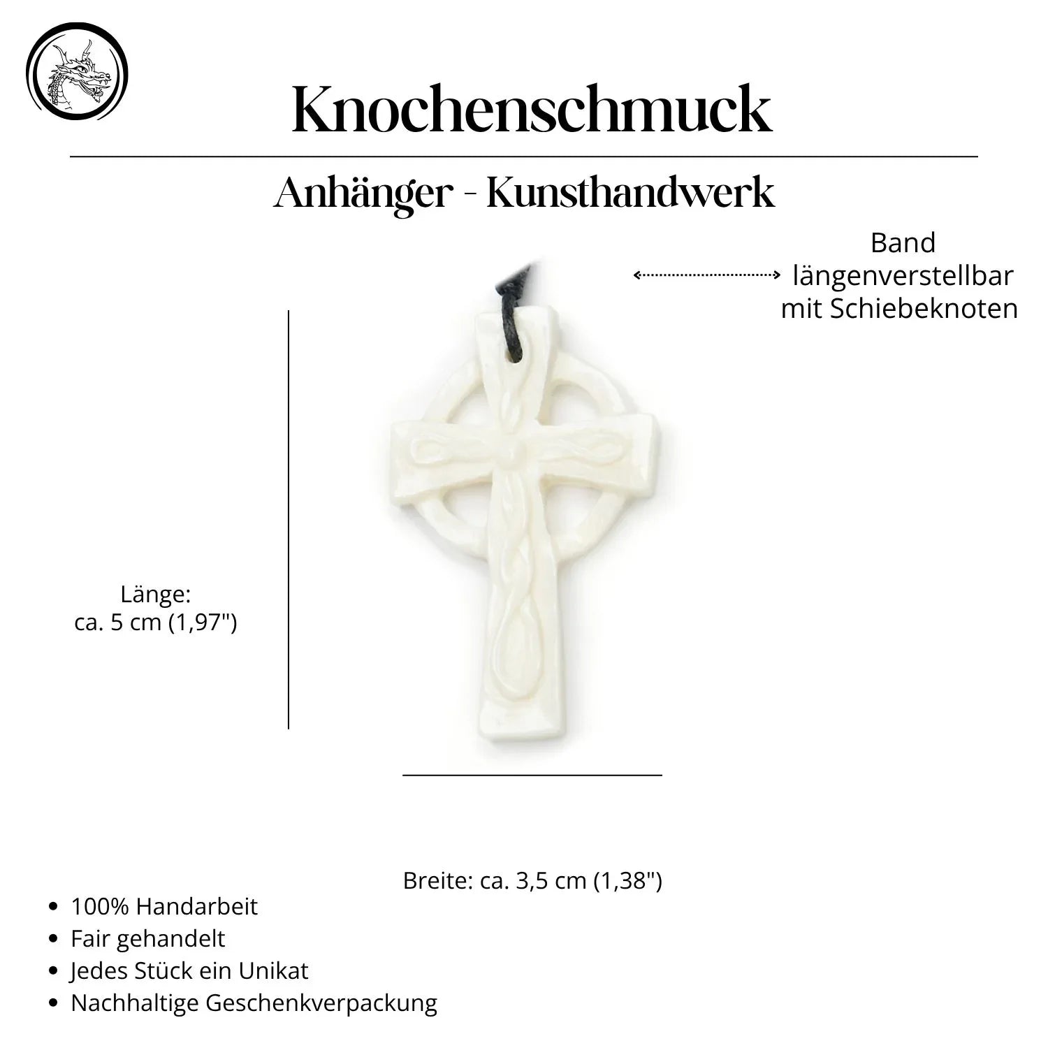 Keltisches Kreuz Knochen Halskette Anhänger Handarbeit geschnitzt