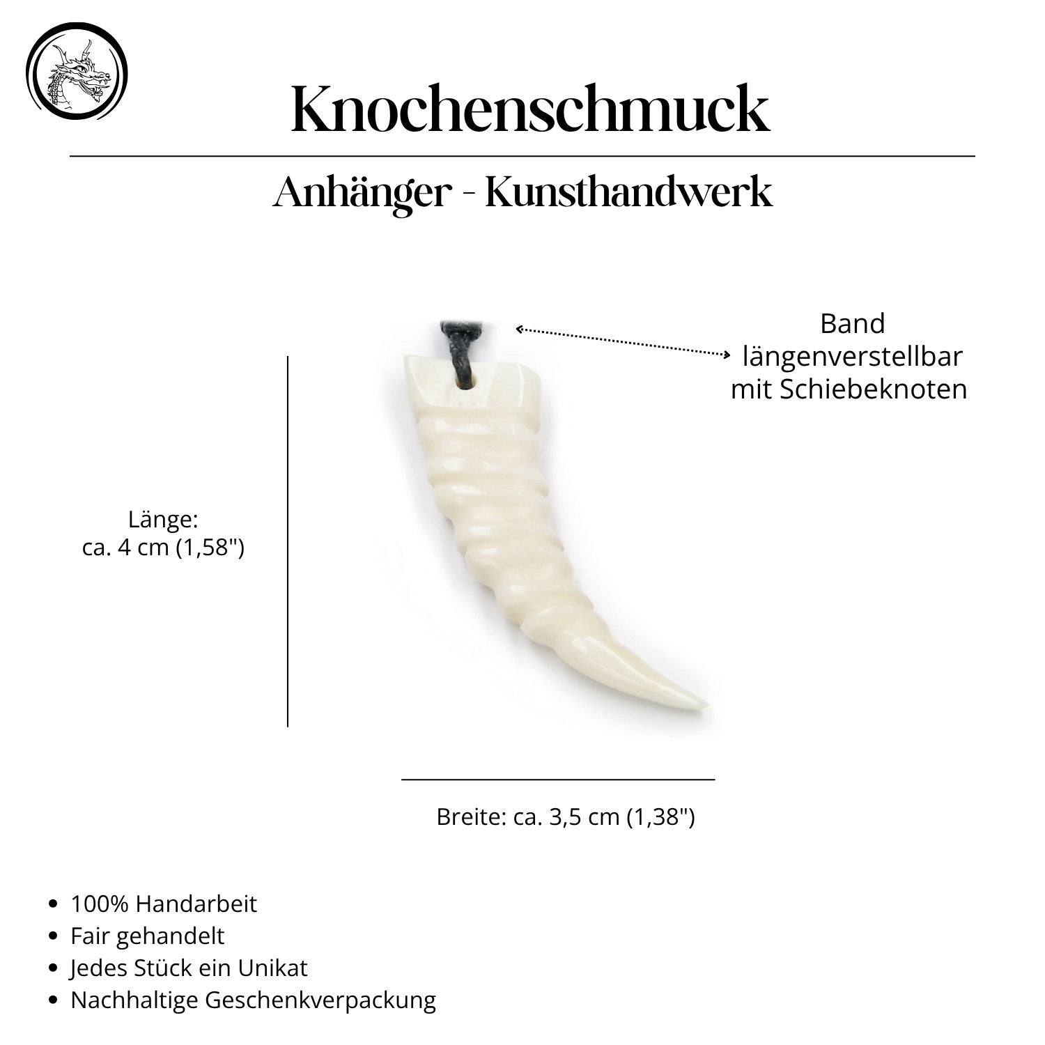 Zahn Knochen Halskette Anhänger Handarbeit geschnitzt