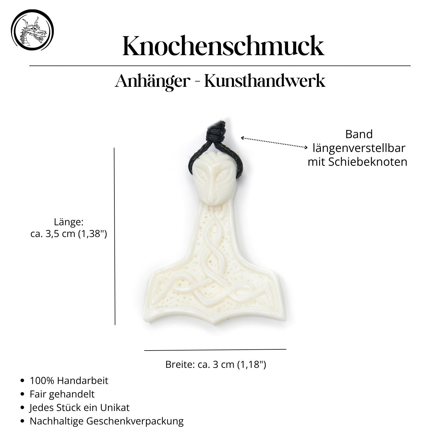 Thorshammer Knochen Halskette Anhänger Handarbeit geschnitzt