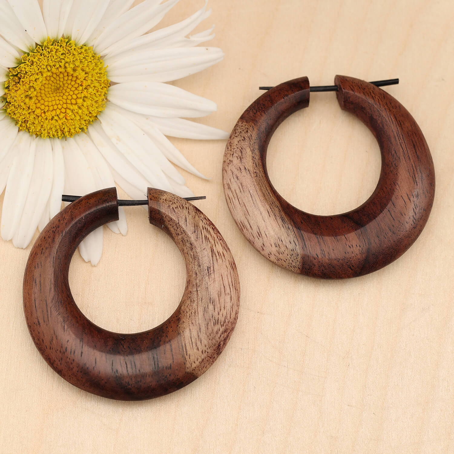 Zweifarbig gemaserte Holz Creole Ohrschmuck 5,5cm Holzohrring (Paar)