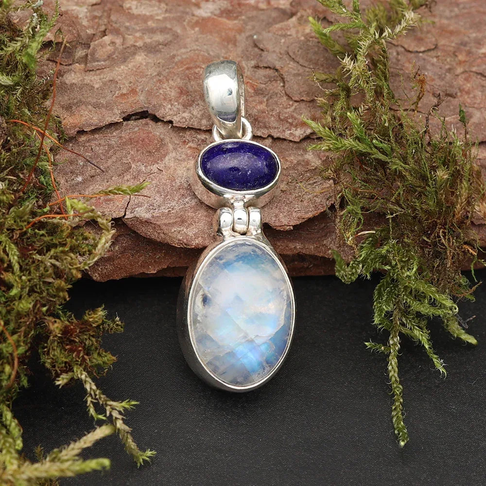 Edelstein Anhänger Silber Mondstein Lapislazuli Steinschmuck Kettenanhänger