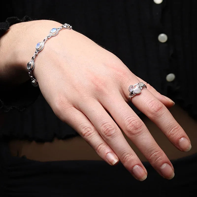 Mondstein Schmuck 925 Silber Armband und Ring Elegant Edelstein