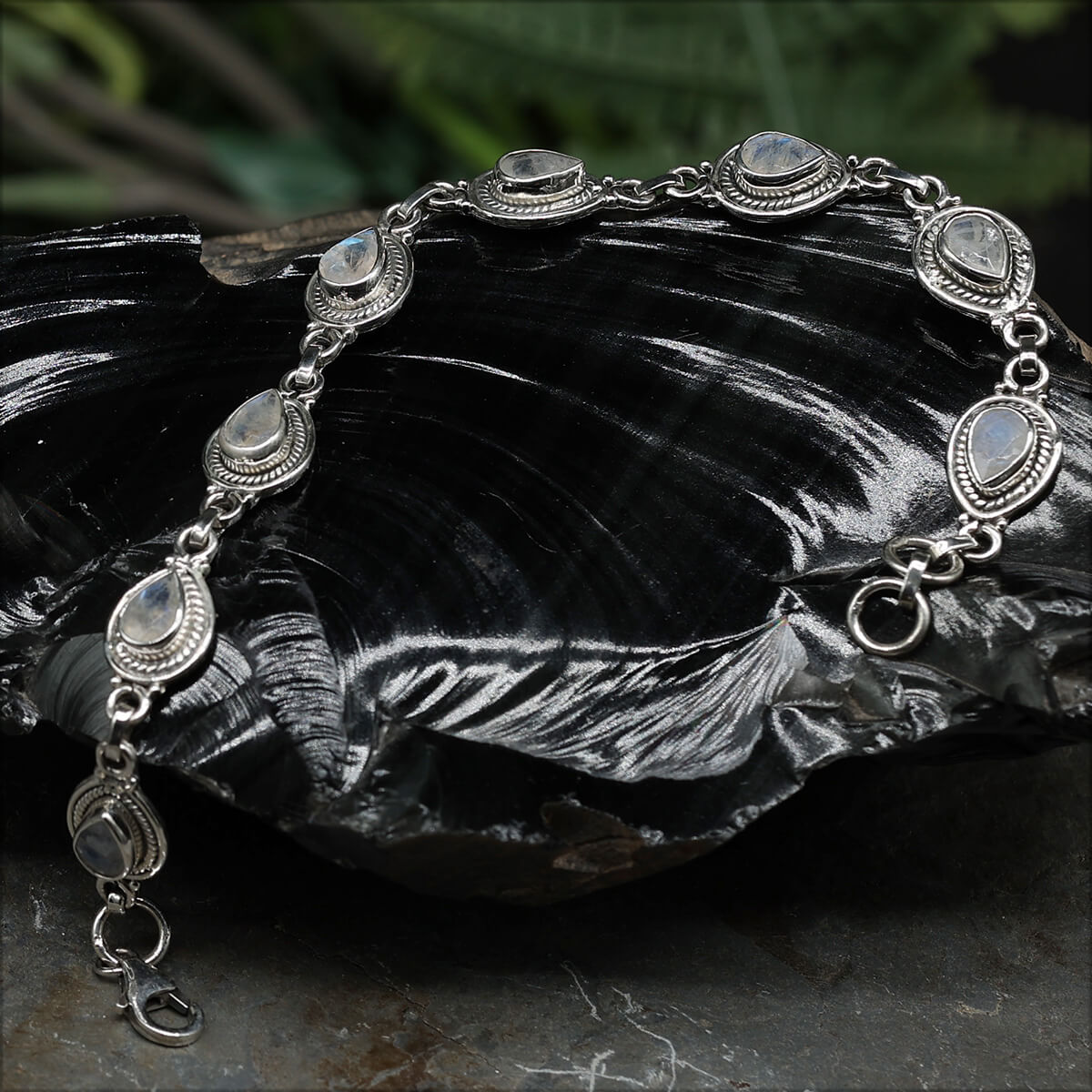 Moonstone gemstone bracelet, 925 sterling silver, delicately set, elegant arm jewelry