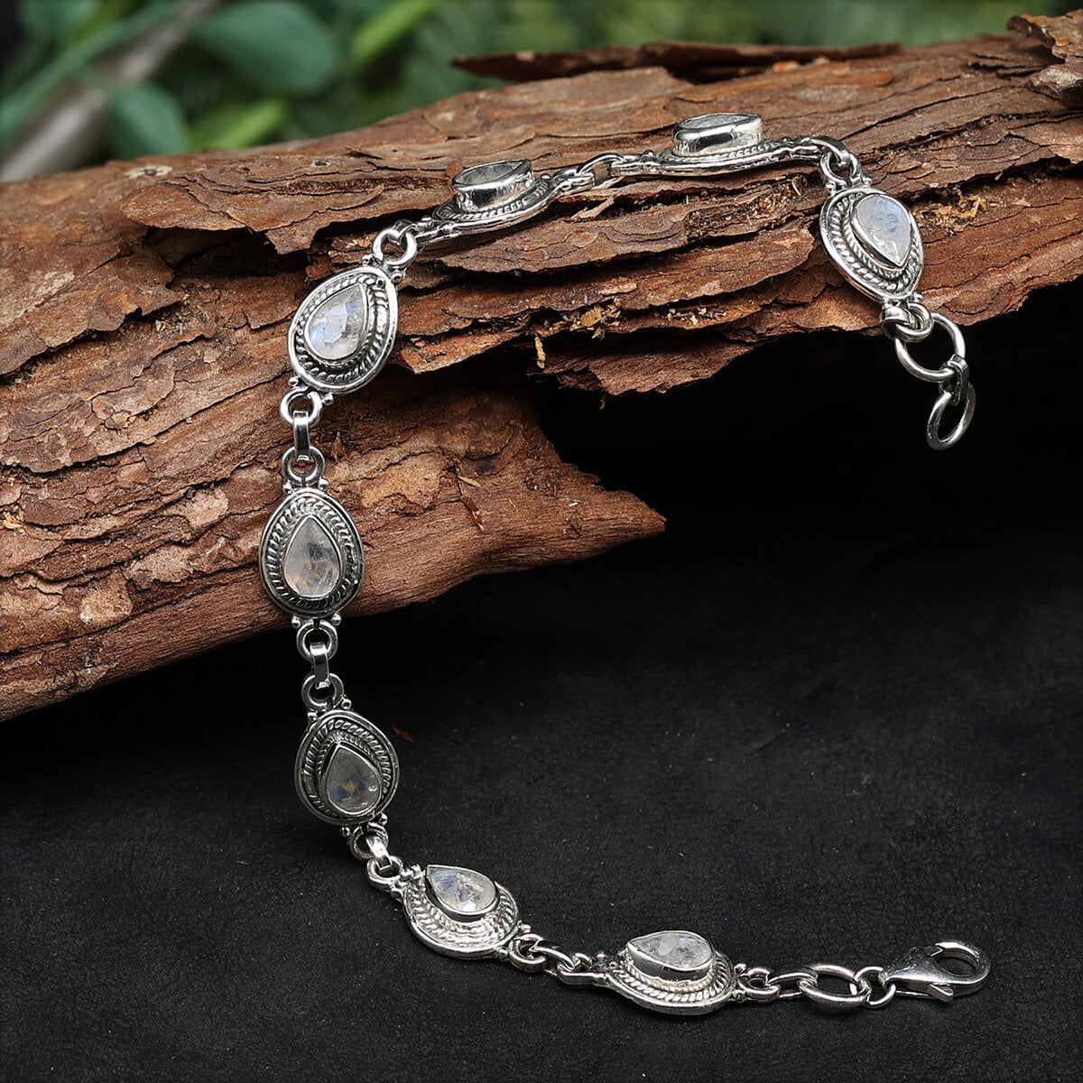Moonstone gemstone bracelet, 925 sterling silver, delicately set, elegant arm jewelry