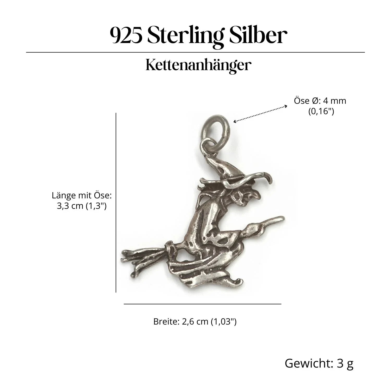 Hexe auf Besen Kettenanhänger Schmuck 925 Silber