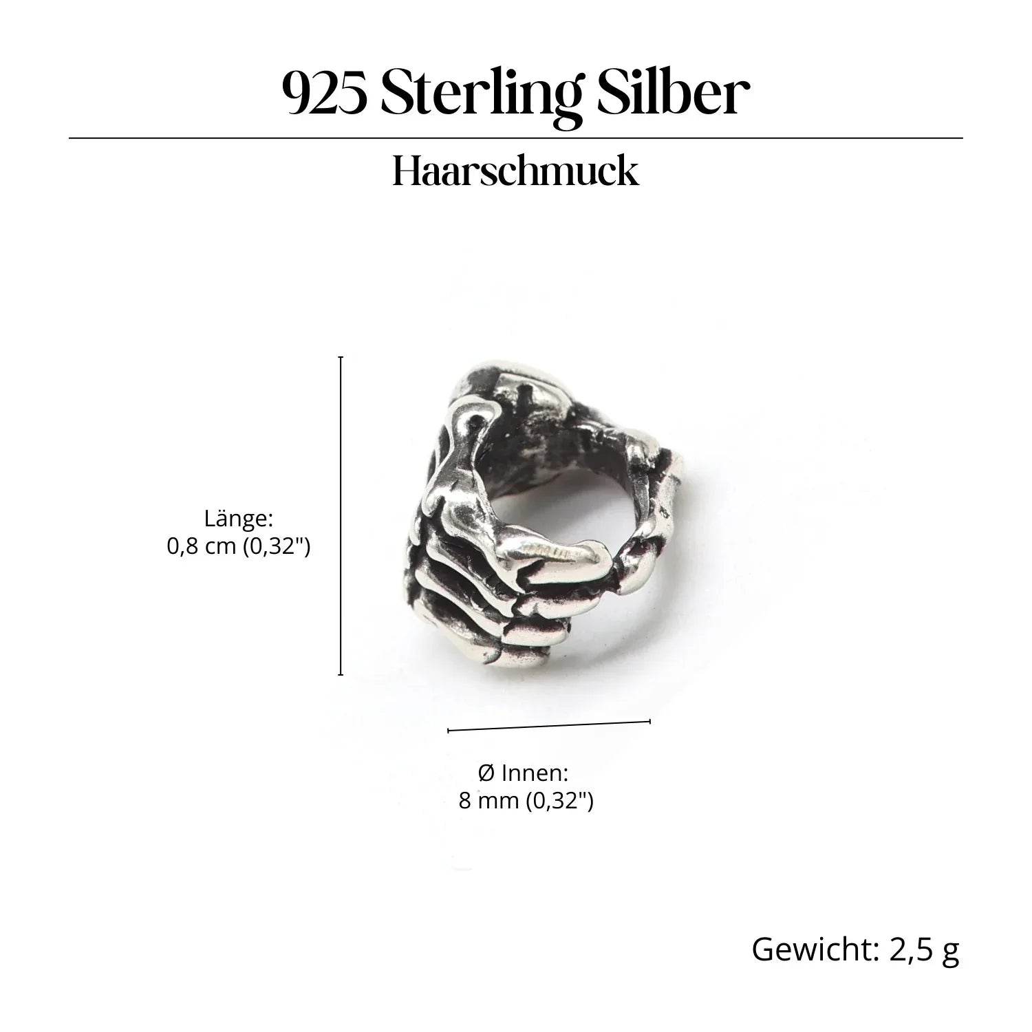 Skeletthand  Bartschmuck 925 Silber Haarperle aus Sterlingsilber