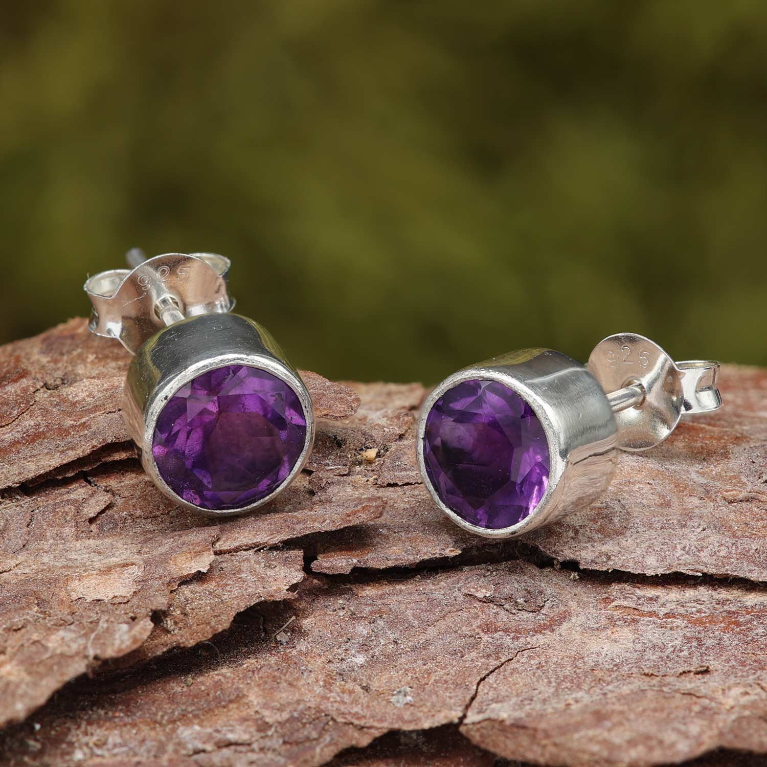 Amethyst gemstone stud earrings, 925 sterling silver (pair)