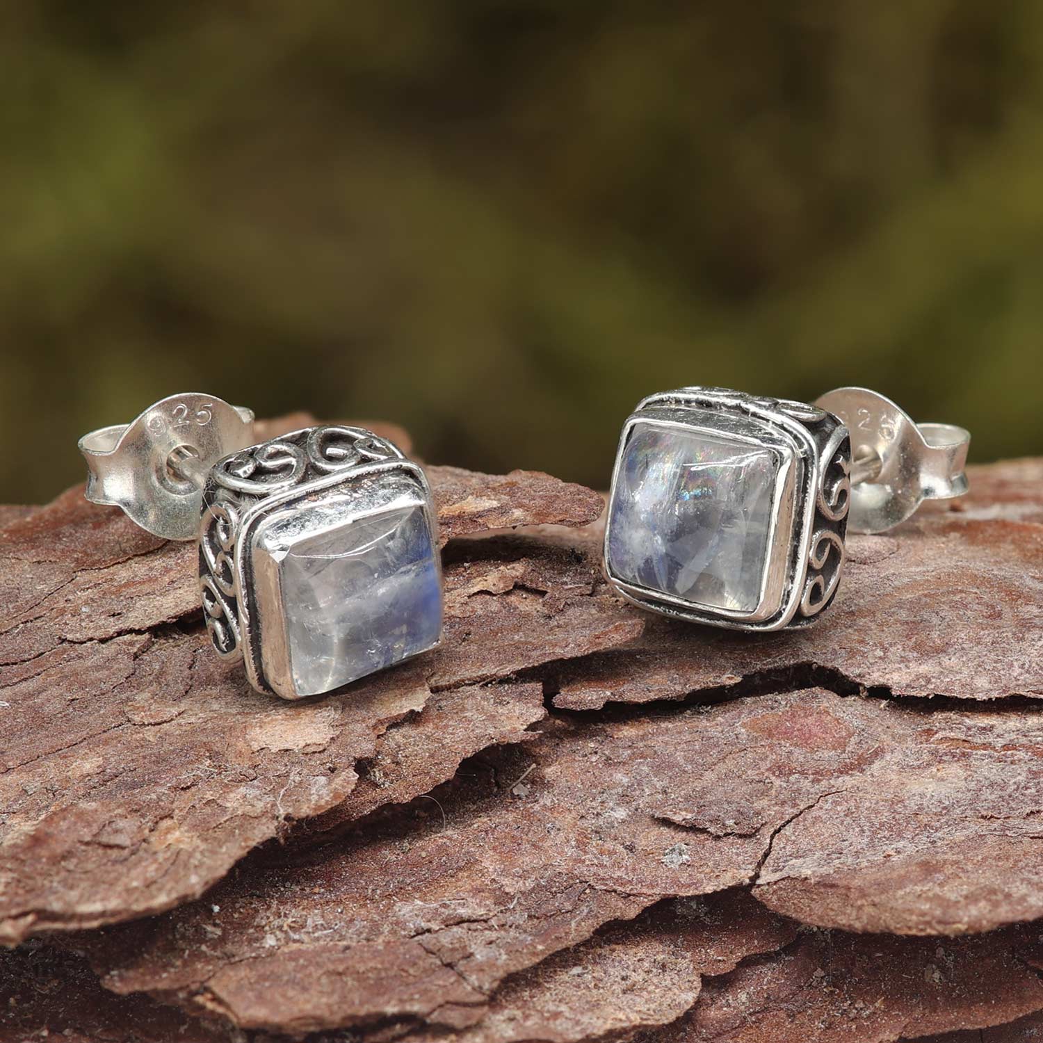 Mondstein Ohrstecker 925 Silber edel verziert Damen Ohrschmuck Edelstein