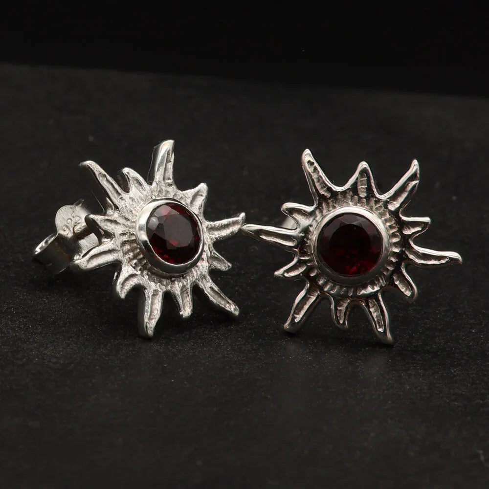 Granat Edelstein Ohrstecker 925 Silber Ohrschmuck Sonne