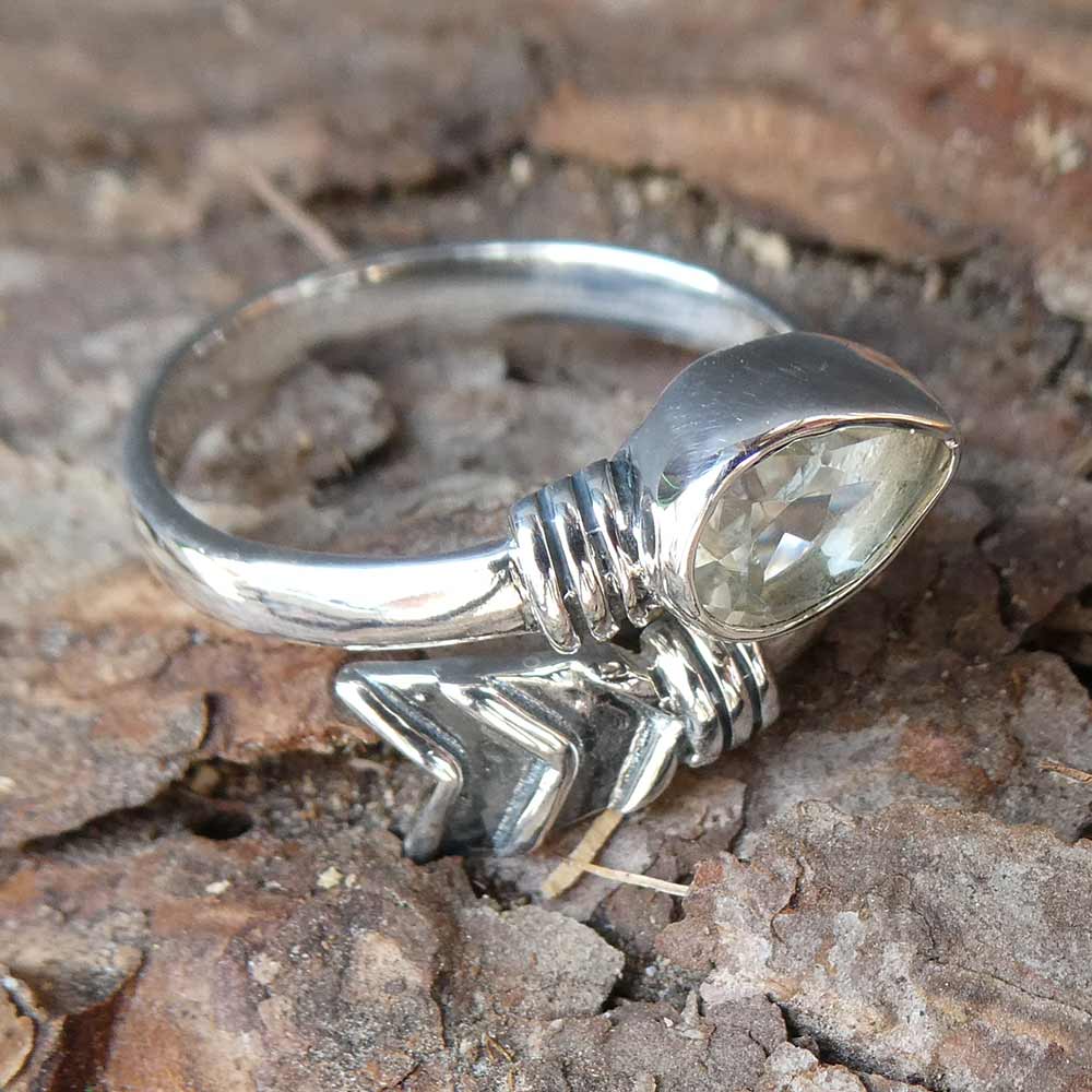 Green Amethyst Ring, 925 Silver, Modern Design, Adjustable Size